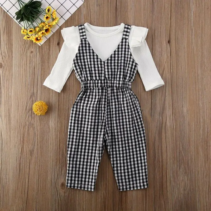 Одежда из 2 предметов для маленьких девочек 1-5 лет, футболка, клетчатый комбинезон, комбинезон, комплект со штанами