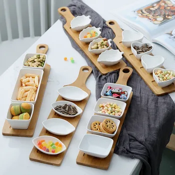 

Japanese-style fruit platter creative ceramic snacks / nuts / desserts natural bamboo tray set / seasoning dish WF1120222