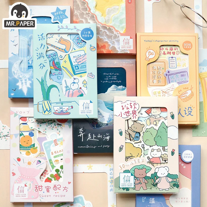 El Sr. De papel 30 unids/caja 8 diseños cuatro pintura de la serie de dibujos animados tarjetas postales con estilo creativo lindo mano cuenta Material de decoración DIY