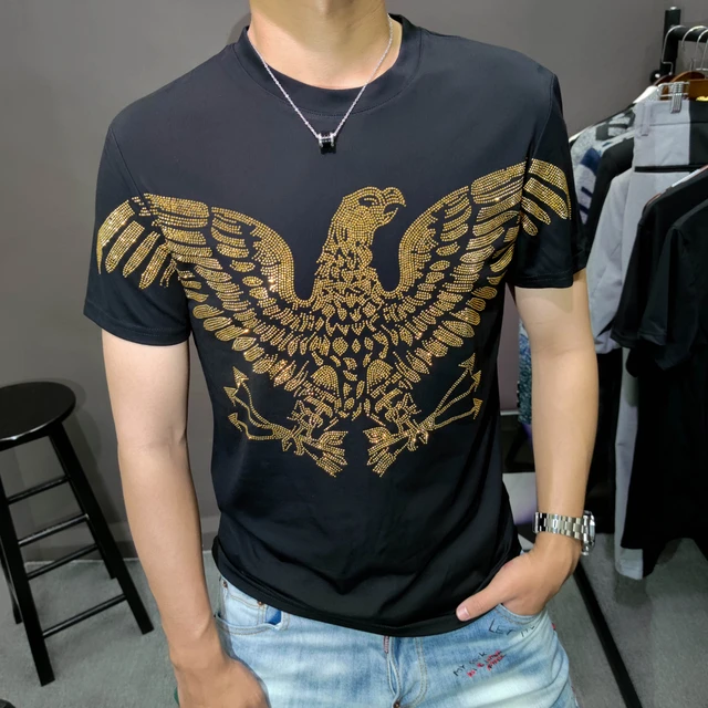 Luxury Fashion Men Rhinestone Brown Black Blue Pink Short Sleeve Slim  T-Shirt