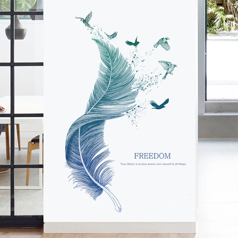 Настенные Стикеры с голубыми перьями и птицами украшения для гостиной спальни