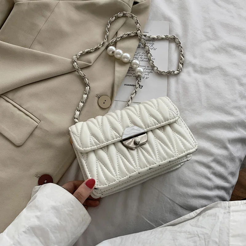 

Pleated Flap Crossbody Bag 2020 Fashion New Women High Quality Faux Leather Tote Bag Pearl Chain Shoulder Crossbody Bag