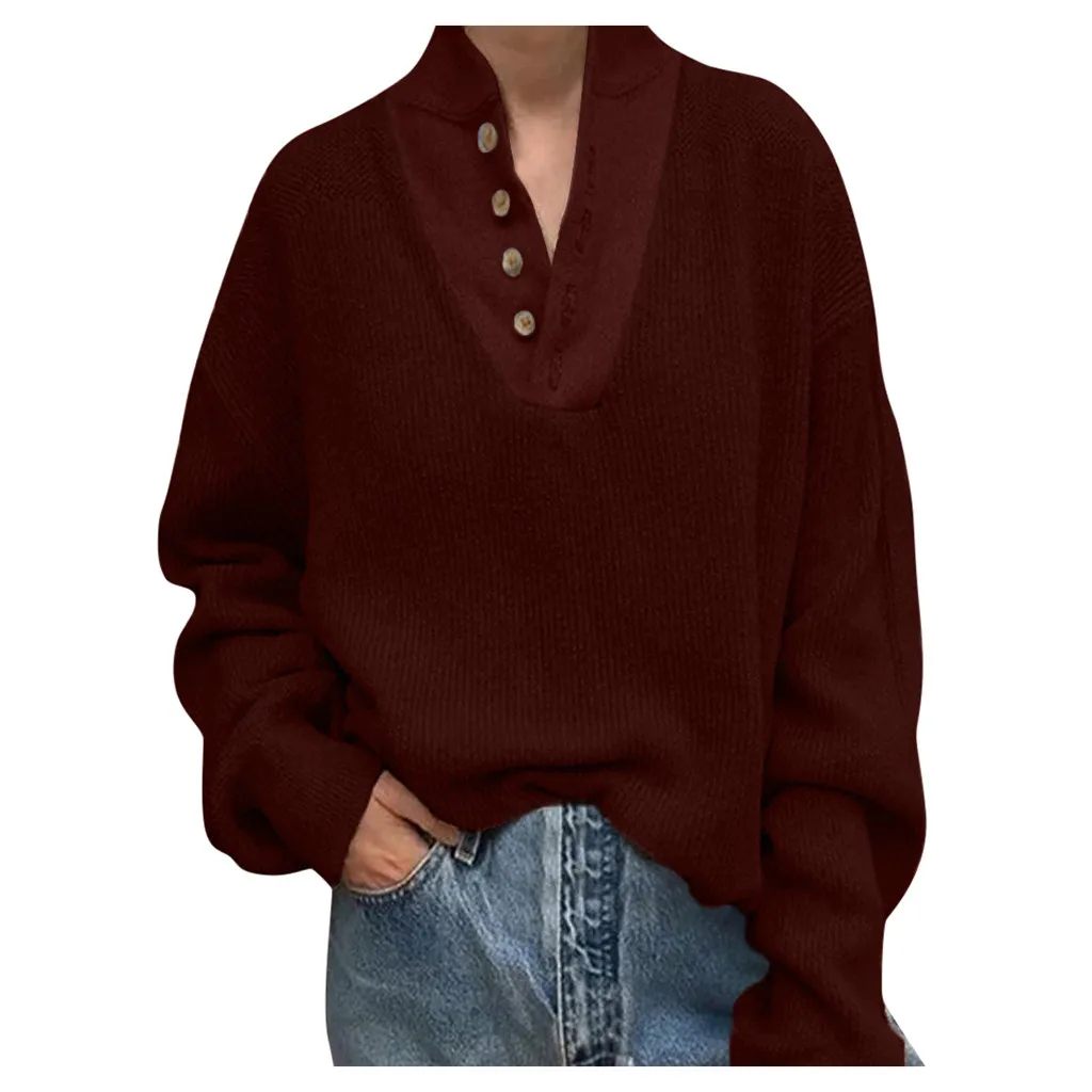 5xl Женские топы и блузки размера плюс Зимняя мода кнопка сексуальный v-образный вырез большой размер рубашка сплошной длинный рукав Топ, рубашка Mujer - Цвет: Бургундия