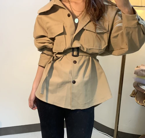 

Taotrees Autumn Solid Windbreaker for Women Turn-down Collar Single Breasted Trench with Sashes