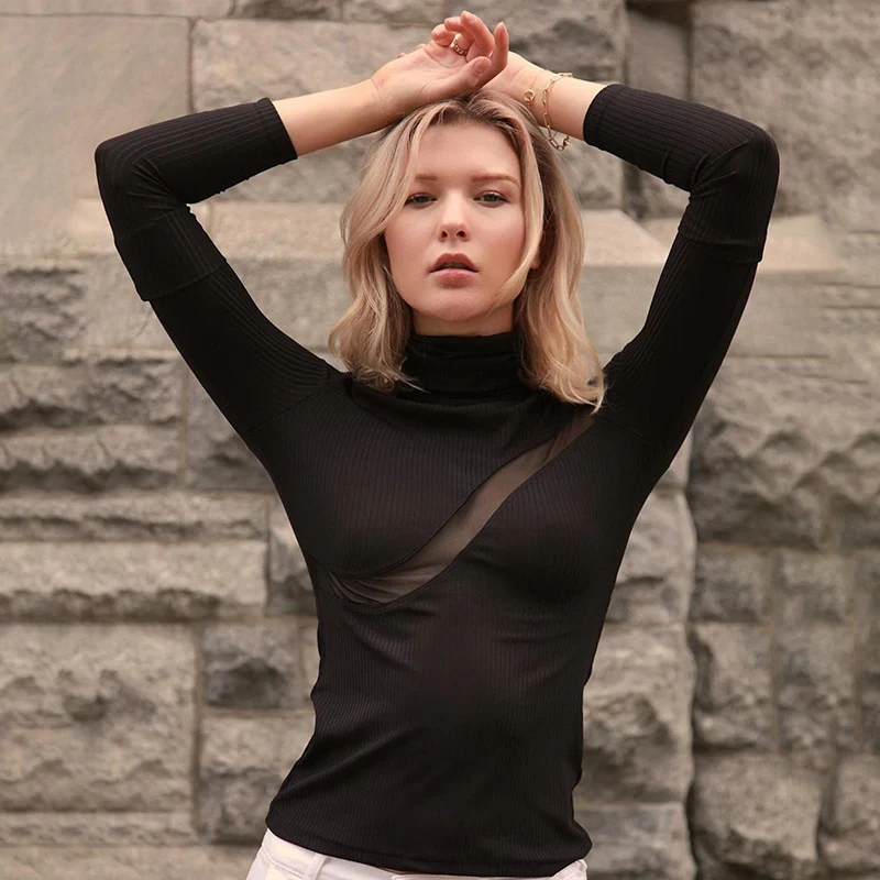 

Gothic Black Sexy Women High Neck Long Sleeve Perspective Mesh Hollow Out Splice Slim T-shirt Spring Goth Female Dark Skinny Top