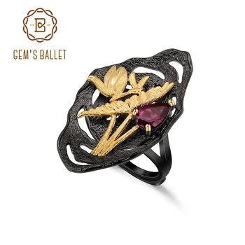 

GEM'S BALLET 925 Sterling Silver Handmade Golden Dragonfly Lotus Ring Nature Rhodolite Garnet Adjustable Cocktail Ring For Women