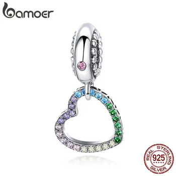 

BAMOER Romantic New 925 Sterling Silver Rainbow Heart Shape Charms Beads fit Bracelets Necklaces DIY Jewelry Accessories SCC896