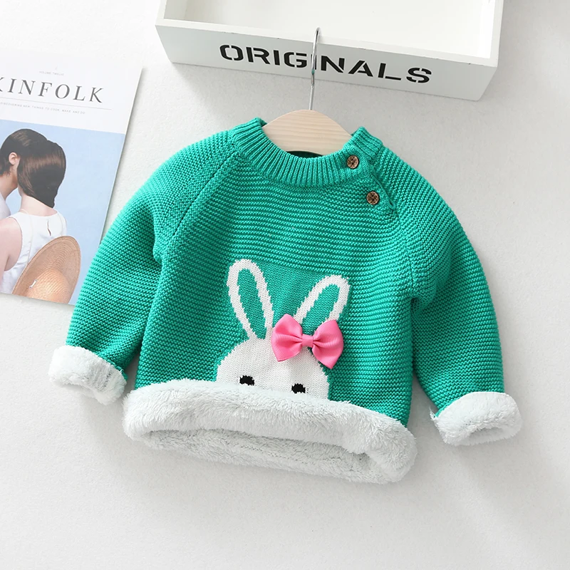 Зимняя теплая одежда для детей; свитер для маленьких девочек и мальчиков; плюшевые пуловеры с рисунком кролика; Детские однотонные свитера