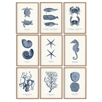 

Fossil Whale Seahorse Octopus Crab Turtle Coral Starfish Snail Nautilus Retro Wall Art Canvas Painting Nordic Poster and Print L