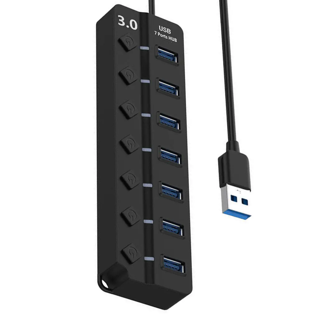 

7 Port USB HUB USB3.0 Hub Splitter On/Off Switch LED Indicator with EU/US Power Adapter for MacBook Laptop PC