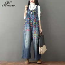 Женский винтажный джинсовый комбинезон с цветочным принтом, большой размер, свободный ковбойский комбинезон, джинсовый комбинезон, Женские повседневные Комбинезоны с широкими штанинами Xnxee