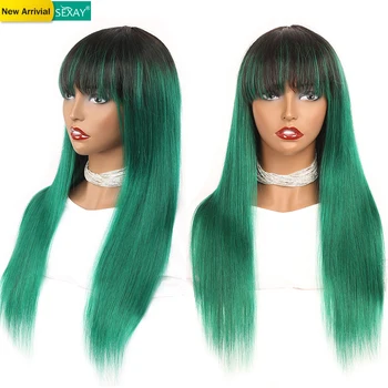 

Sexay Green Wigs Brazilian Human Hair Wig With Bangs #1B Turquoise #99J #27 Machine Ombre Human Hair Wig With Fringe Bangs Remy