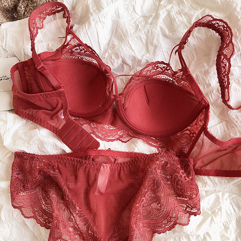 Sexy Spitzen-Tanga-Dessous, gebündelt, für große Brüste, BH-Set, Damen-Push-Up-Unterwäsche mit gepunkteter Schleife und Stahl_voghion.com