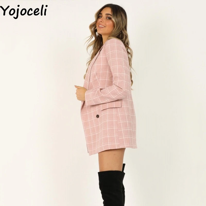 Yojoceli элегантный клетчатый женский Блейзер Женский Осенний двубортный женский блейзер и куртки Зимний Длинный блейзер женская верхняя одежда