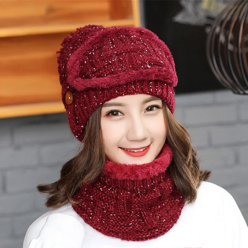 

Sets 3 Variety Wearing Velvet Hats Women Warm Winter Thick Wool Beanies Hat Bib Mask Female Knit Skullies Ear Protector Caps