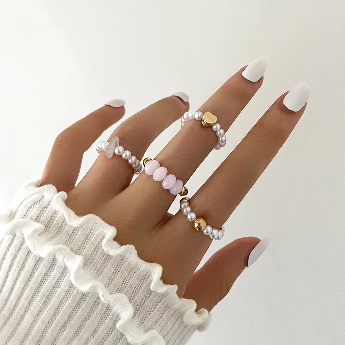 4 Pcs/Set Korean Mixed Handmade Pearl Stone Acrylic Small Round Bead Heart Ring Women Classic Elegant Dating Jewelry ring set finger ring sparkling heart ring jewelry accessories