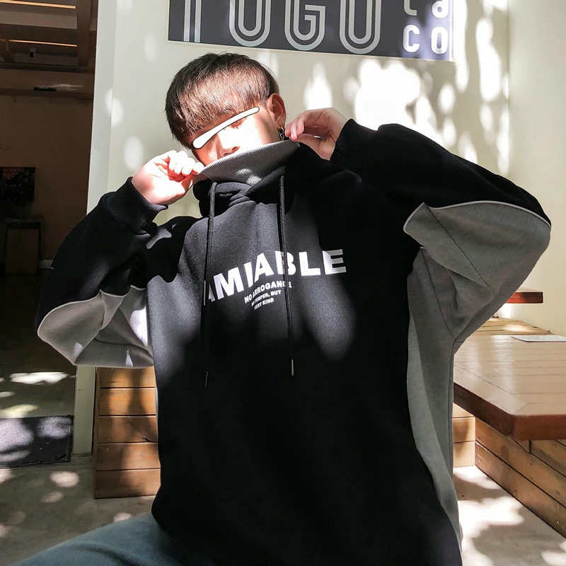 

Autumn New Plus Velvet Hoodie Men Fashion Contrast Color Casual Hooded Sweatshirt Man Streetwear Hip Hop Loose Fake Two Hoodies