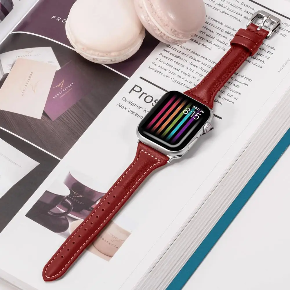 Тонкий кожаный ремешок для часов Apple Watch series 1/2/3 42 мм 38 тонкий браслет iwatch 4 5 40 44