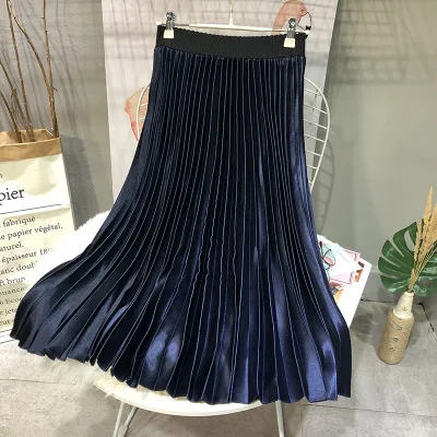 navy blue Зеленые Черные белые юбки jupe femme модная плиссированная Зимняя юбка женская Высокая талия Макси юбка лолита Повседневная jupe femme - Цвет: navy blue