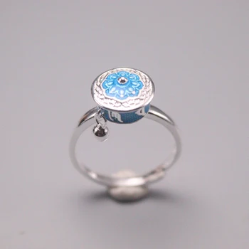 

Solid S925 Sterling Silver Ring Women Luck Paryer Wheel Six-word Motto Blue Ring 10mmW Adjustable