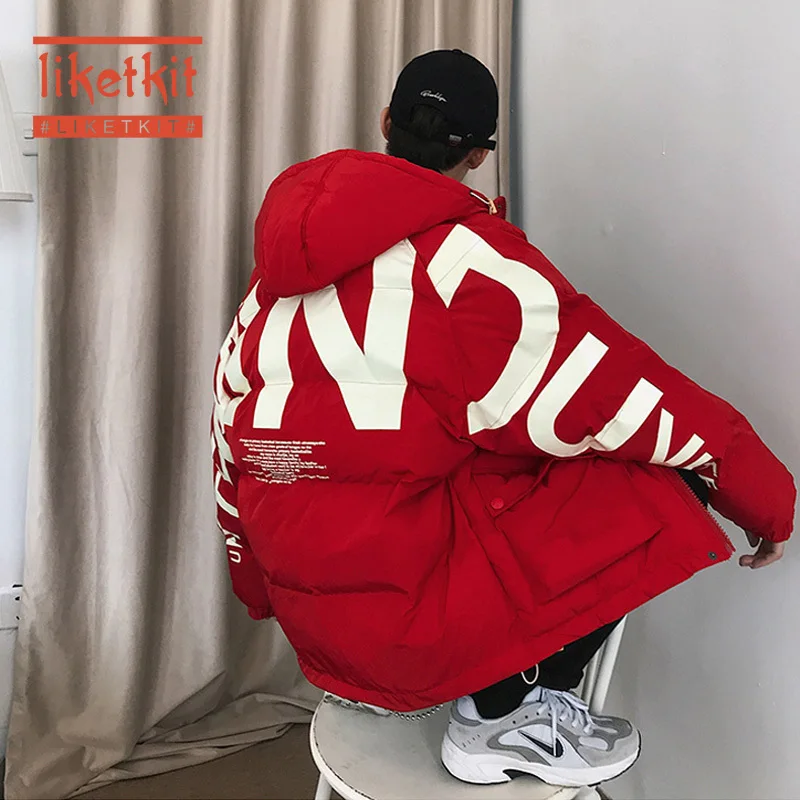 Liketkit мужские зимние куртки одежда 2019 красные толстые парки Harajuku с капюшоном