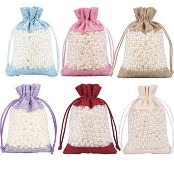 

5Pcs Jewelry Bags High Quality Drawstring Linen Organza Transparent Storage Bags with Wedding Gift Drawable Bags Accessories