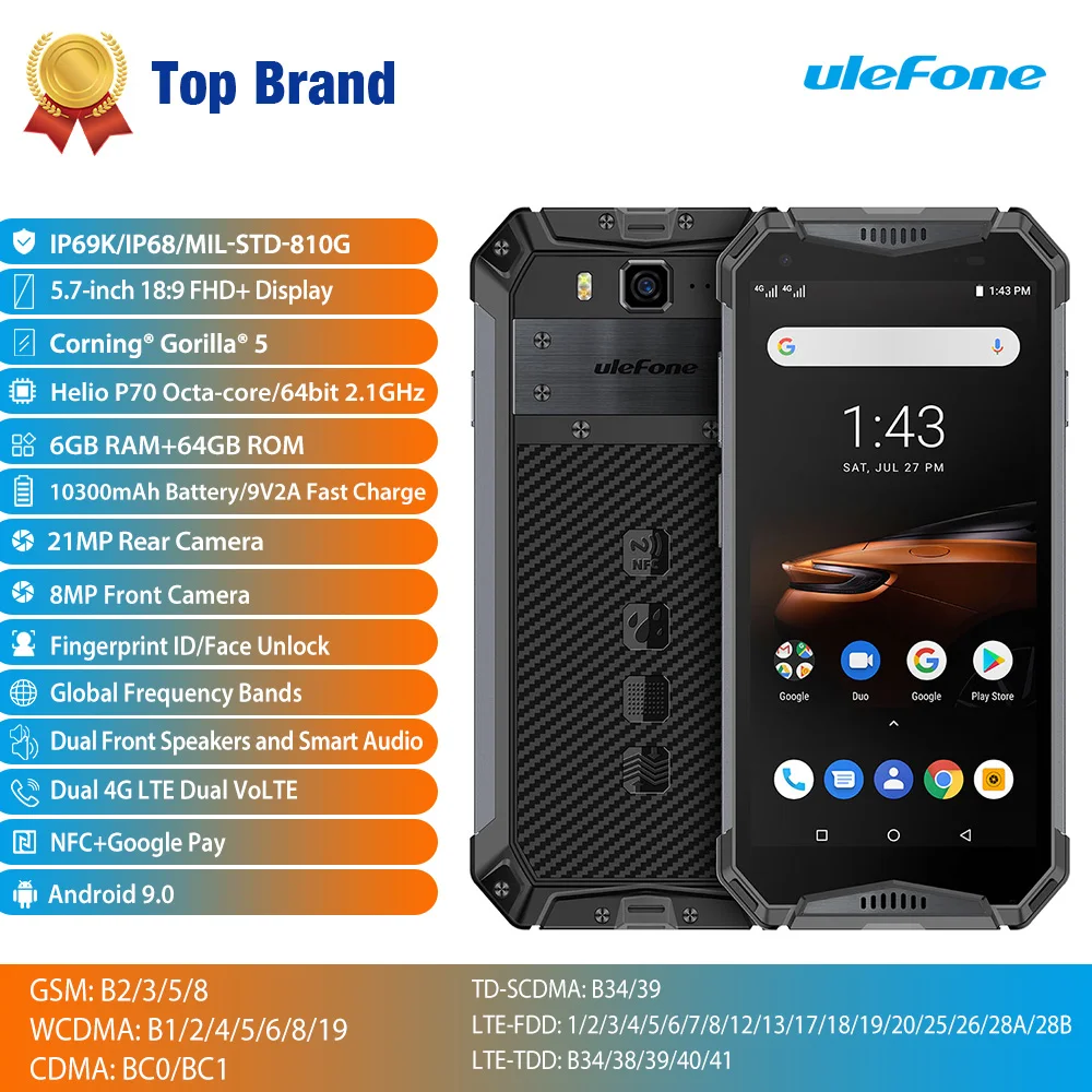 Ulefone armor 3W IP68 Водонепроницаемые мобильные телефоны Android 9 0 5 7 "Helio P70 6G + 64G Face ID NFC
