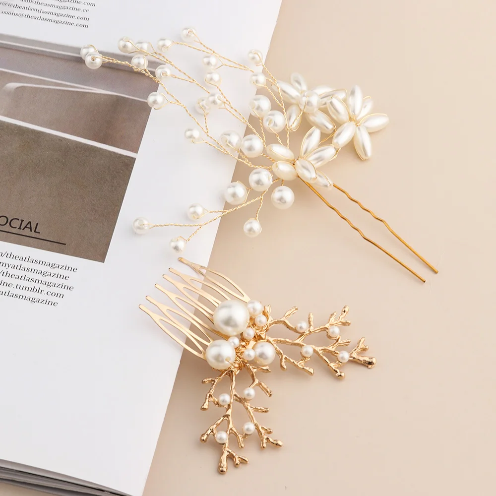 

1/2Pcs Wedding Bridal Pearl Hairpins Women Handmade Alloy Haircomb Hair Accessories Charm Elegant Headpiece Jewelry