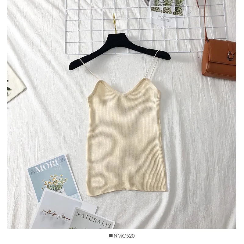 HELIAR Female Spaghetti Knitting Camisoles Sexy Solid Cotton Camisoles& tank women vest Summer Women V-Neck Crop Top Femme - Цвет: APRICOT