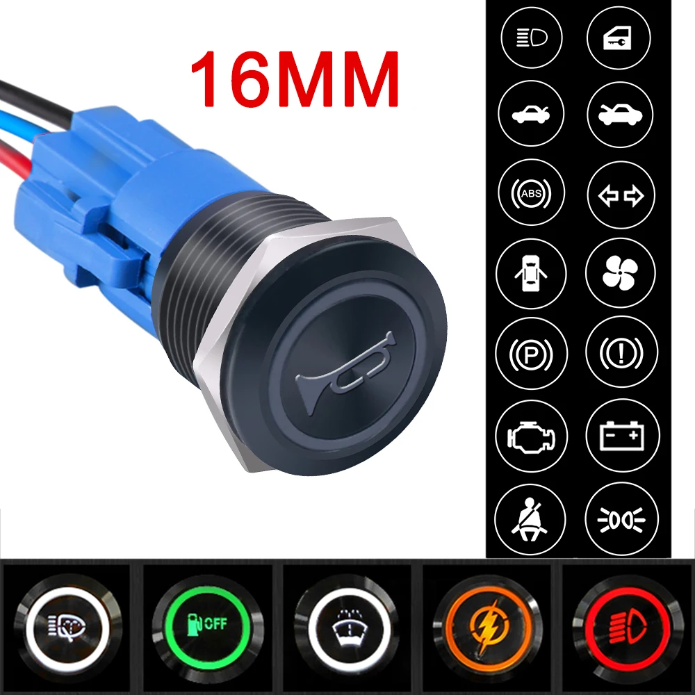 16mm Black Metal Shell Push Button Switch Led Ring Custom Pattern Car