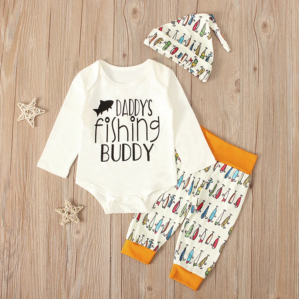 Newborn Baby Sets Boy Fishing Hunting Tops Romper Pants Hat Outfits Fisherman Set 3pc Girl Clothes | Детская одежда и обувь