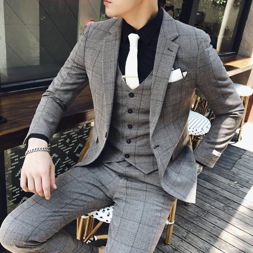 Британский стиль джентльмен красивый бизнес плед мода высокого качества саморазвитие Мужчины одной кнопки платье-пиджак - Цвет: Dark Brown