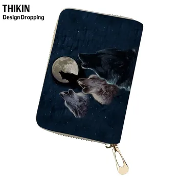 

THIKIN Black Wolf Moom Printing Mini Men Business Credit Card Holder Mental Zipper Coin Wallet Cardholder ID Card Case Cover