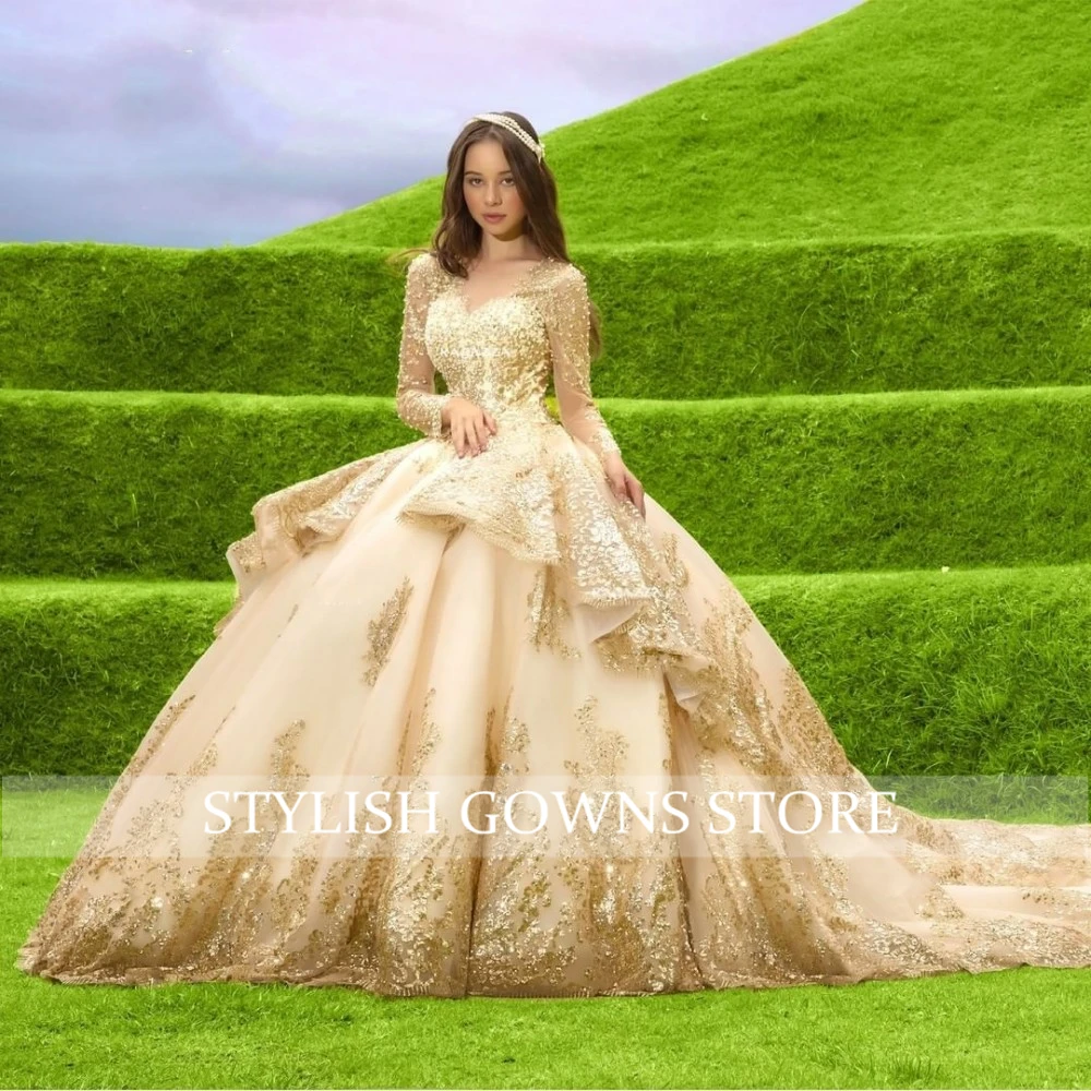 

Luxury Champagne Sweetheart Ball Gown Quinceanera Dresses Long Sleeve Tiered Beading Lace Sequined Sweet 16 Dress Formal