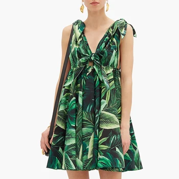 

Gedivoen Fashion Designer Summer Dress Women Spaghetti Strap Jungle Palm Leaf Print Dress Casual Holiday Short Mini Dresses