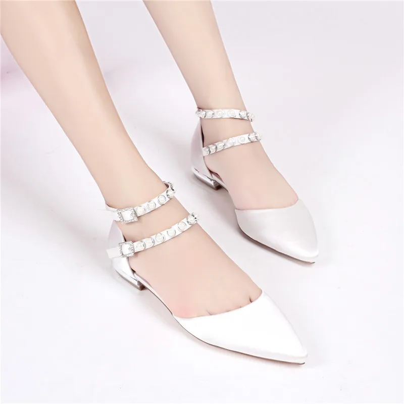 OnnPnnQ Women Satin Pearls Wedding Flats for Bride Pointed Toe Double Ankle Buckle Strap Formal Party Dress Flat Shoes Women