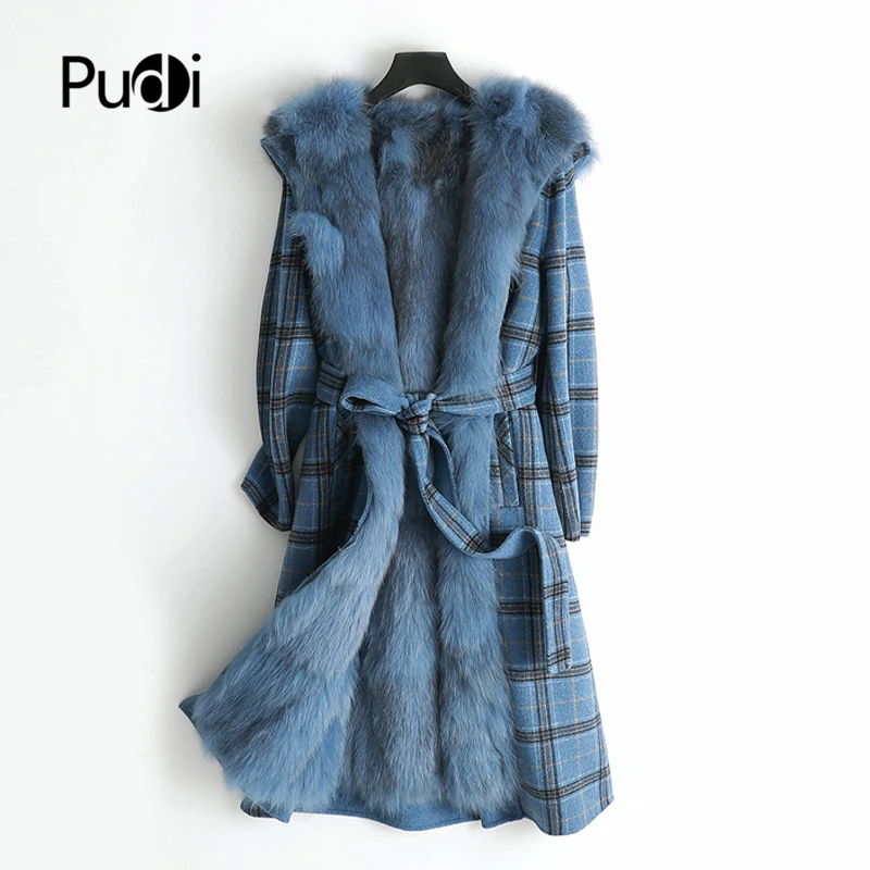

Aorice ZY178-1 Women real wool lattice fabric coat lady Rex fur lining fox fur collar leisure Fall/Winter wool long outwear
