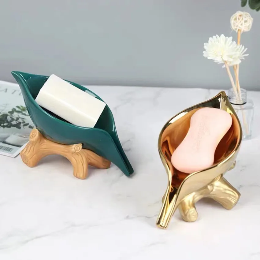 Luxury Ceramics Leaf Shape Soap Box with Base Bathroom Soap Holder Dish Drain Soap Holder Box Bathroom Accessories Gadgets