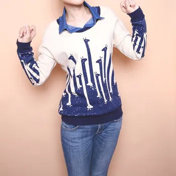 

2019 Fall Women Casual Cartoon Print Hoodies Turndown Collar Long Sleeve Pullover Turn-Down Collar Patchwork Loose Sweatshirts