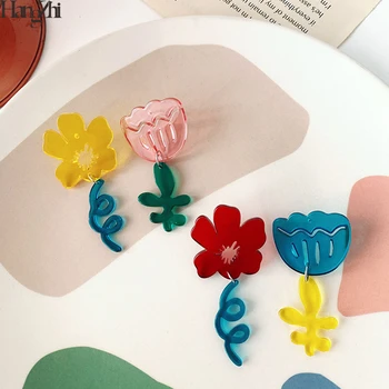 

HangZhi 2020 New Korean Lovely Colorful Acrylic Resin Flower Tulip Transparent Single 1 Pcs Stud Earrings for Women Jewelry