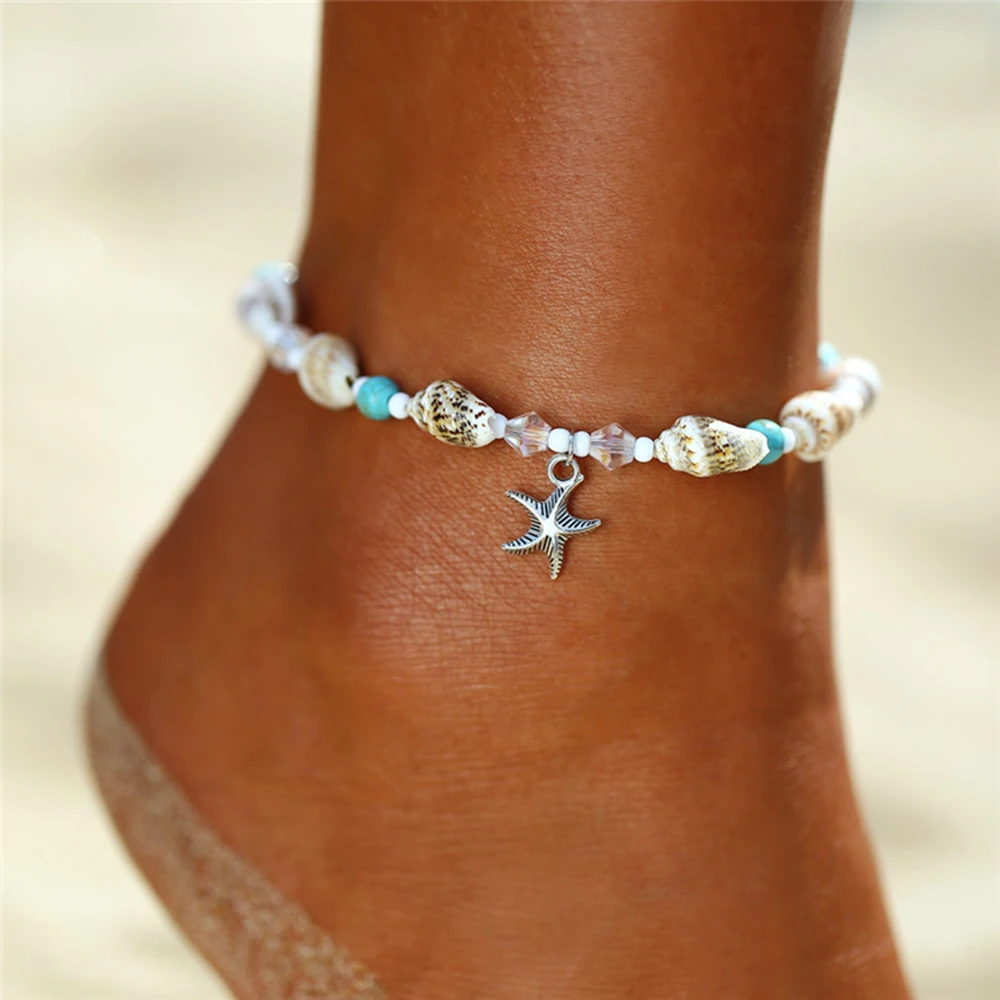 Летние пляжные браслеты на ногу богемные оболочки Синий Кристалл ножные браслеты/браслеты женские модные браслеты для ног - Metal Color: J