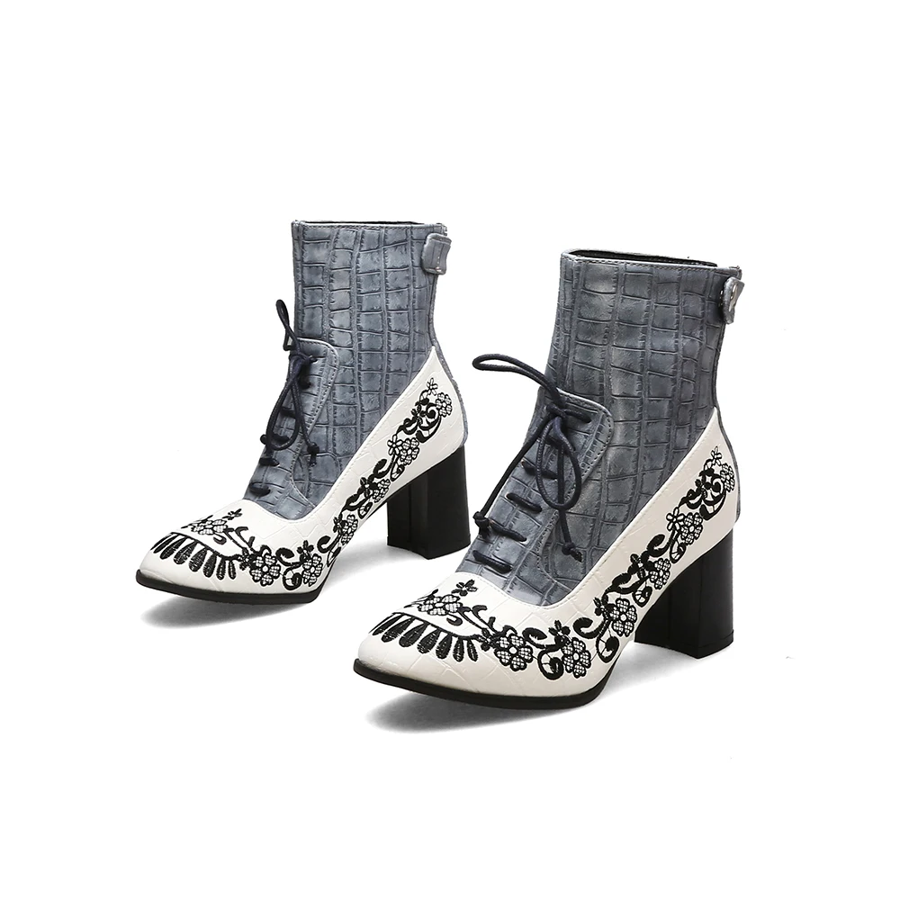 Retro Printed Booties Leather Women Ankle Boots Embroidery High Heels Casual Woman Shoe Zipper Vintage Female Footwear Boot 37