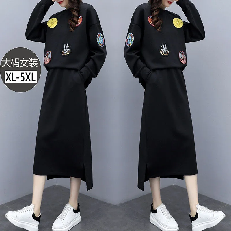 

2019 Autumn And Winter Ozhouzhan New Style Large Size Dress Fat Mm Loose-Fit by Age Embroidery Hoodie Skirt Two-Piece Women's