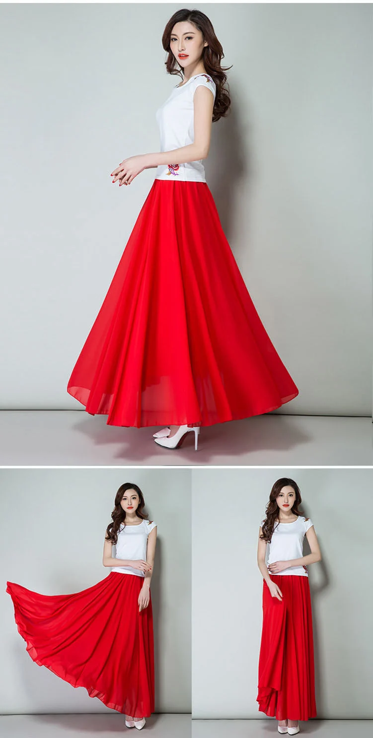 New Summer Chiffon Skirts Plus Size Full-Length Skirt High Waist Elegant Dance Skirt Pink Black Red Navy Blue White Long Skirts leather skirt
