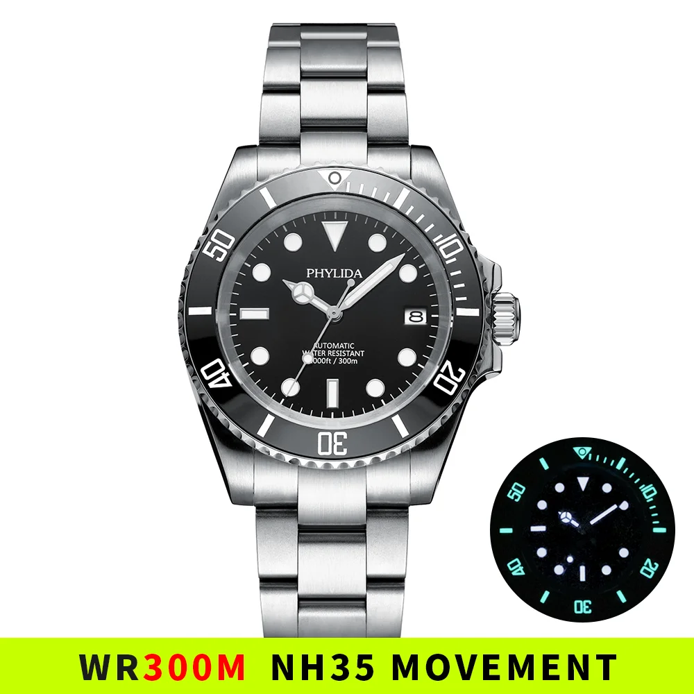 US $124.10 NEW 300M Water Resistant 40mm Mens Black Diver Watch Automatic Nh35 Movement Sapphire Crystal SUB Homage