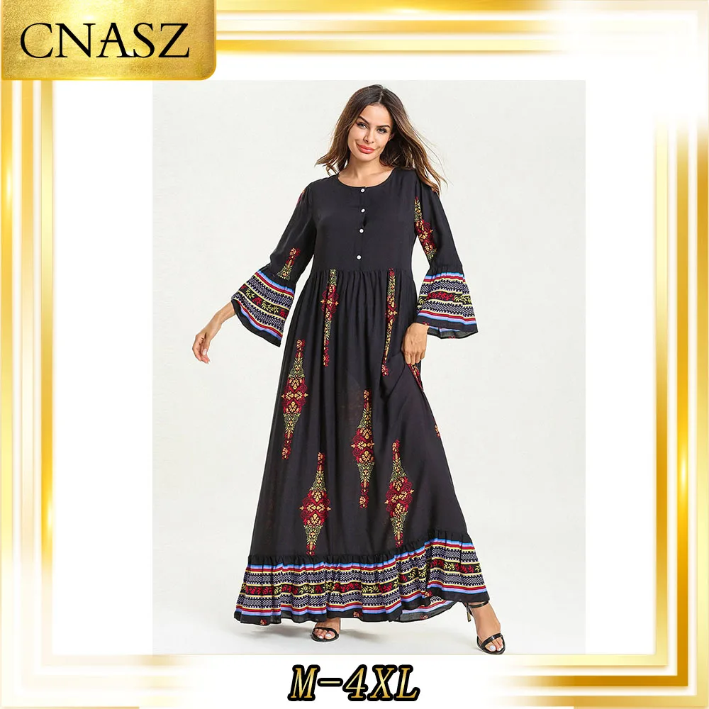 2019 Muslim Dubai Abaya Dress Fashion Long-Sleeved Large-Size Women's Print Loose Casual Islamic Kaftan Hijab | Тематическая