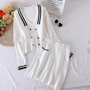 

2020 new small fragrant wind knit suit navy collar sweater female high waist A-line bag hip skirt two-piece suit