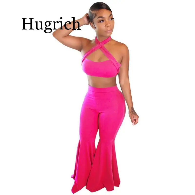 

Sexy Two Piece Set Summer Clothes for Women Strapless Tie Up Crop Bra Tops and Bell Bottom Ruffle Pants 2 Piece Club Outfits