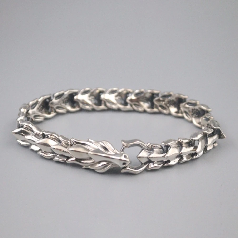 

Pure 925 Sterling Silver Bangle 11mm Wide Dragon Link Chain Bracelet Men Best Gift 59-60g / 21cm