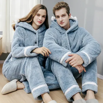 

Hooded Pajamas Suit Women Flannel Sleepwear 2020 Autumn Winter New Couples Cute 2PCS Shirt&Pants Homewear Warm Pyjamas Nightwear